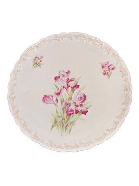 Antique Weimar Floral Porcelain Plate Germany Pink Irises Gold Scalloped 12 Inc